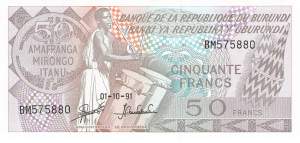 Burundi p28c 50 Francs 1991
